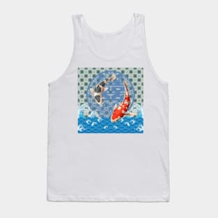 Double Happiness Koi Fish Dancing in the Ocean with Green Tile Floor Pattern Tank Top